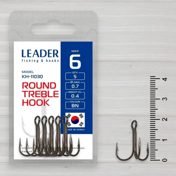 Гачки трійники Leader Round Treble, 5шт/уп, № 6